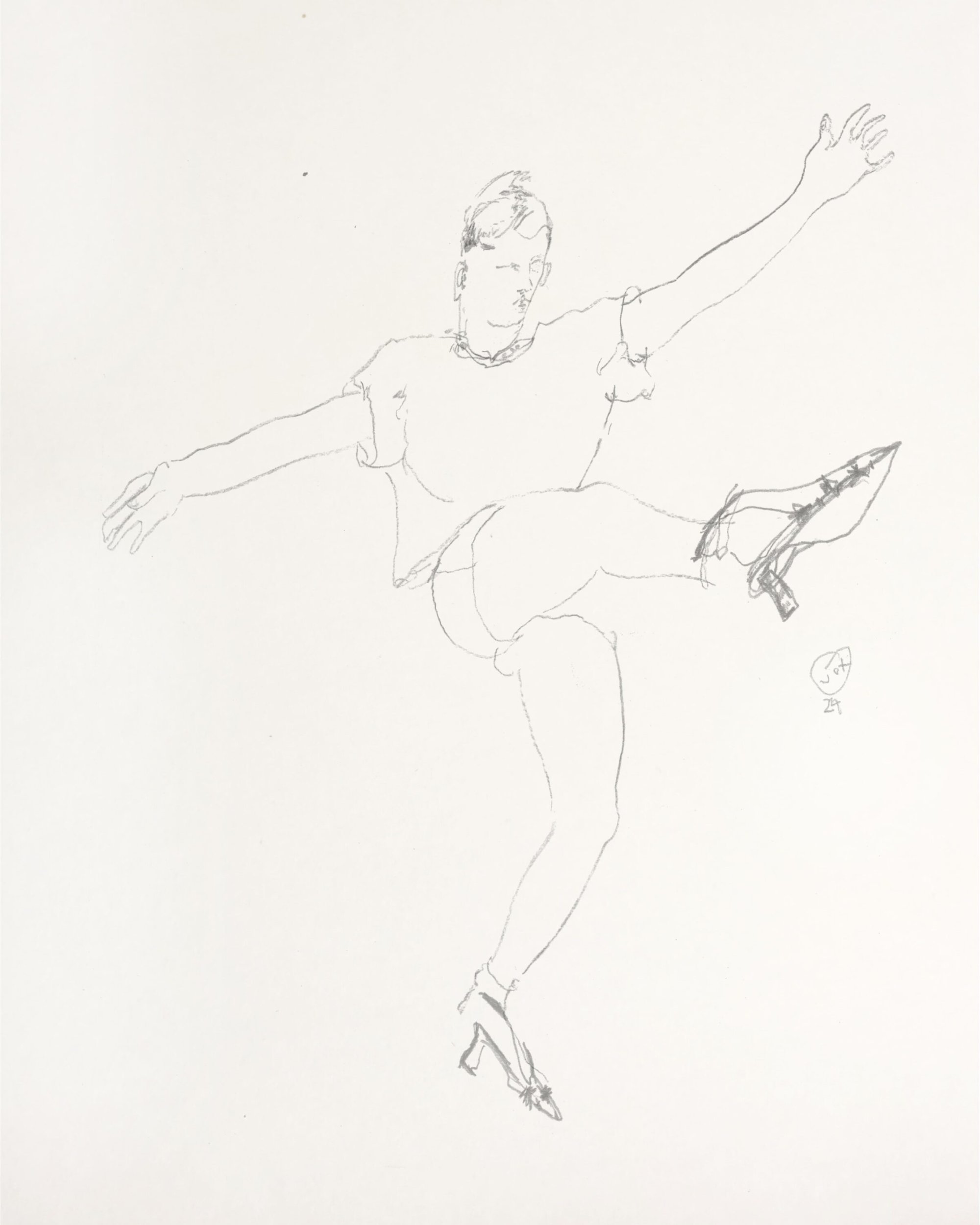 Pencil sketch of a person balancing on one leg wearing heeled shoes against a plain white background