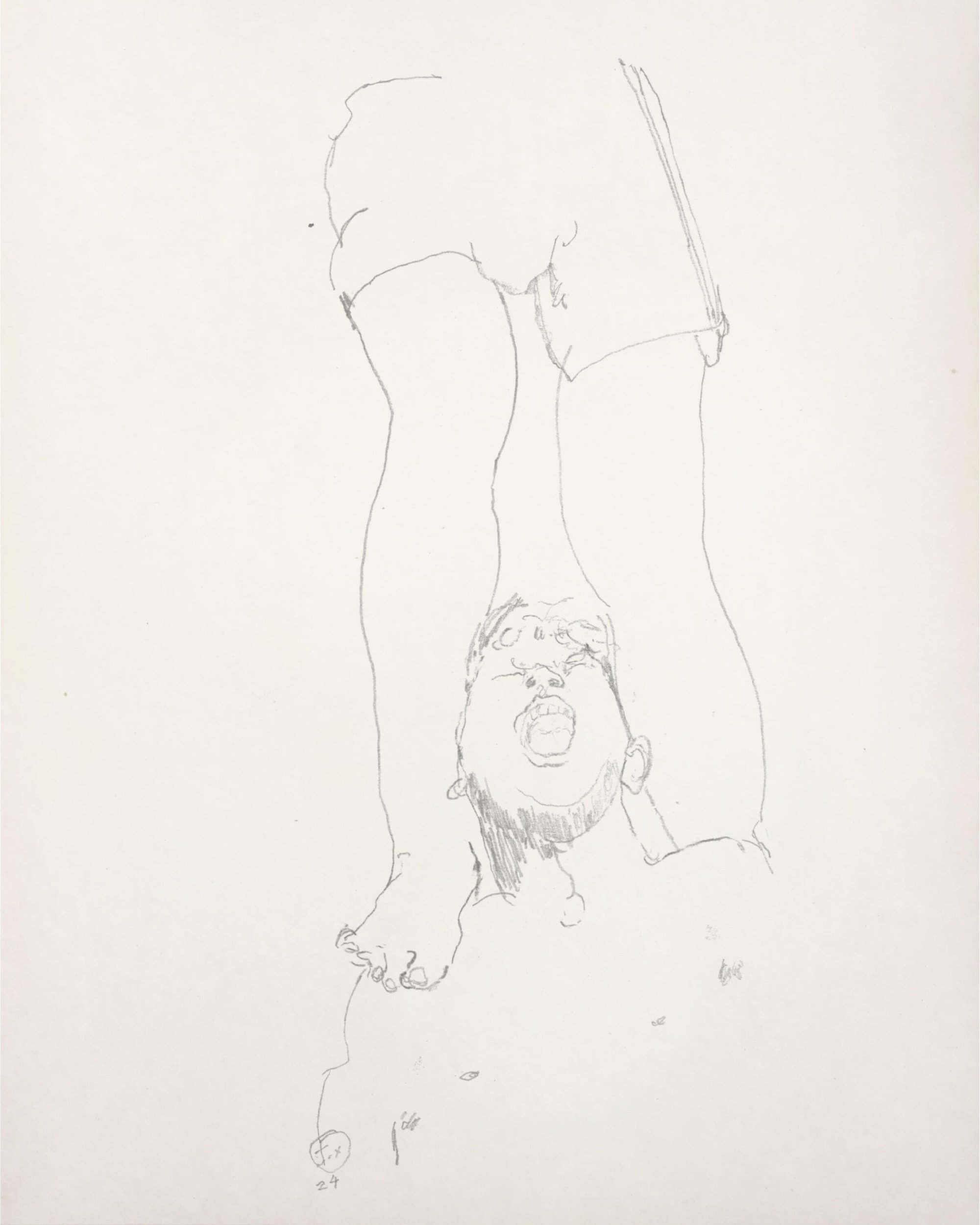 Pencil drawing of a person lying on their back with feet positioned above their head on a plain white paper background