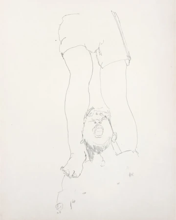 Pencil drawing of a person lying on their back with feet positioned above their head on a plain white paper background