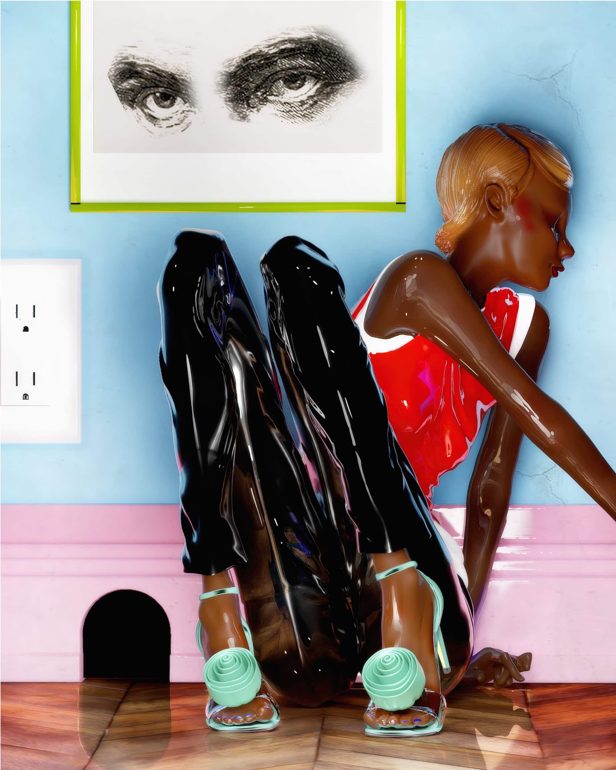 Glossy sculpted figure wearing black trousers and red top with mint green heeled shoes against a blue and pink wall