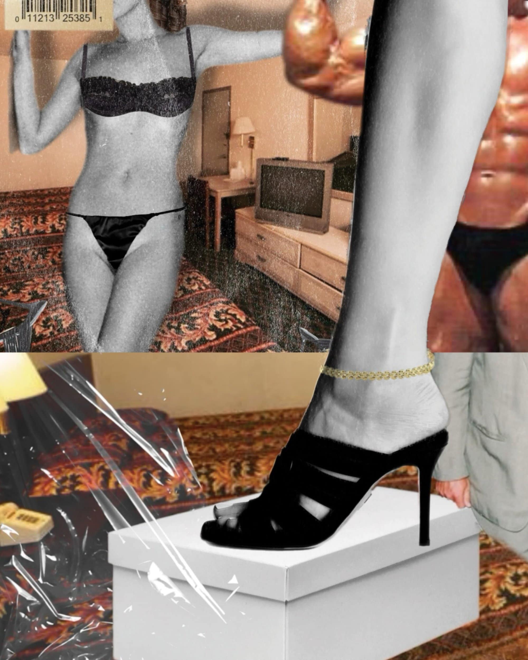 Mixed-media fashion collage featuring a black heeled mule on a white shoebox and black and white lingerie figures.