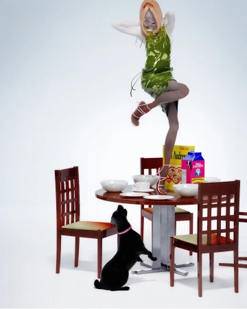 A stylized figure in a green slip dress balances on a dining table with a black dog looking up from the floor.