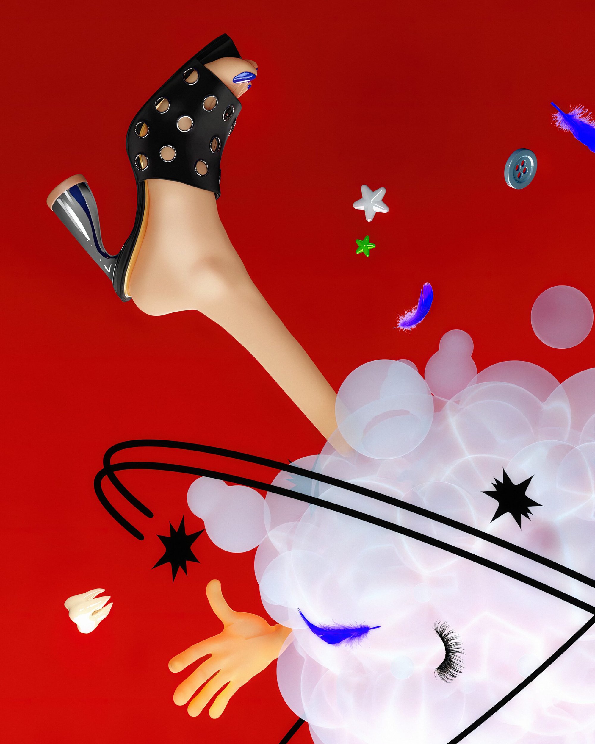 Surreal fashion image featuring a black heeled mule shoe and floating decorative elements against a solid red background for Paul Andrew.