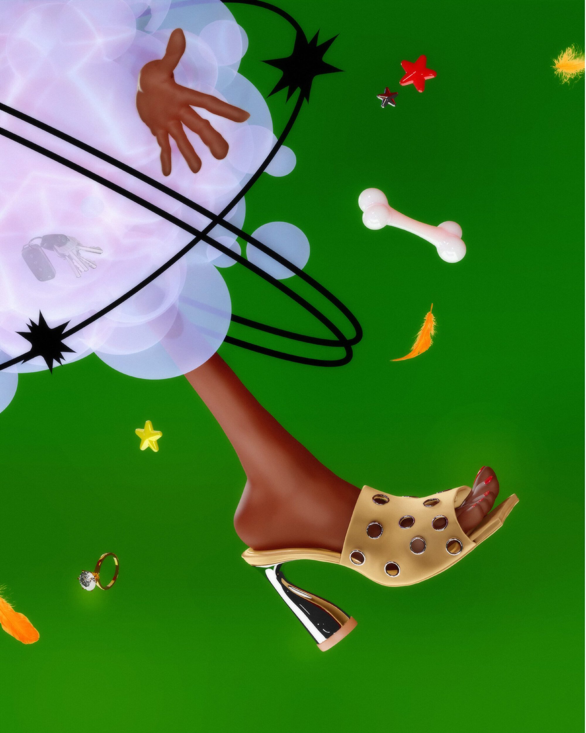 Surreal fashion ad image featuring a heeled sandal and floating hand against a green background for Paul Andrew Spring 2025 campaign.
