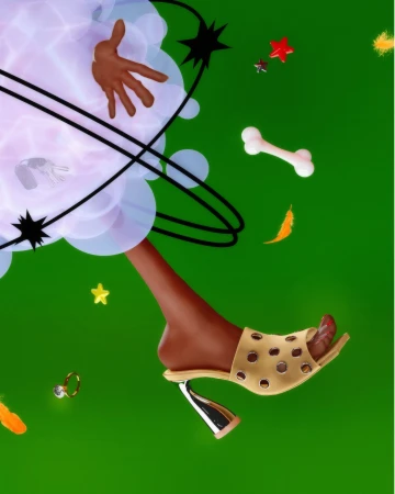 Surreal fashion ad image featuring a heeled sandal and floating hand against a green background for Paul Andrew Spring 2025 campaign.