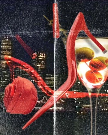 Collage artwork featuring red stiletto heels, a cocktail glass with olives, and a cityscape background with heavy grain.