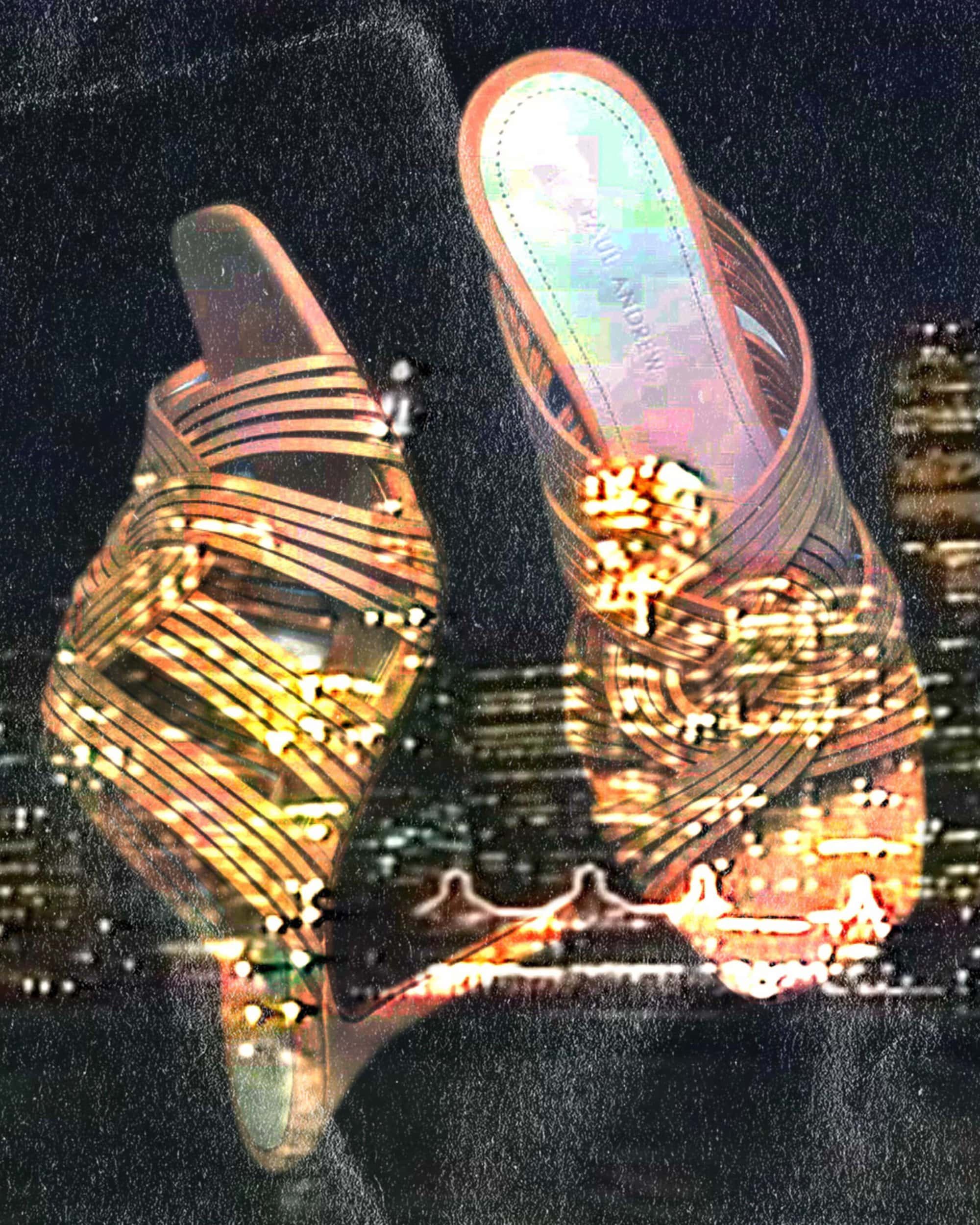 Close-up double exposure of high-heeled strappy sandals layered over a glowing night cityscape.