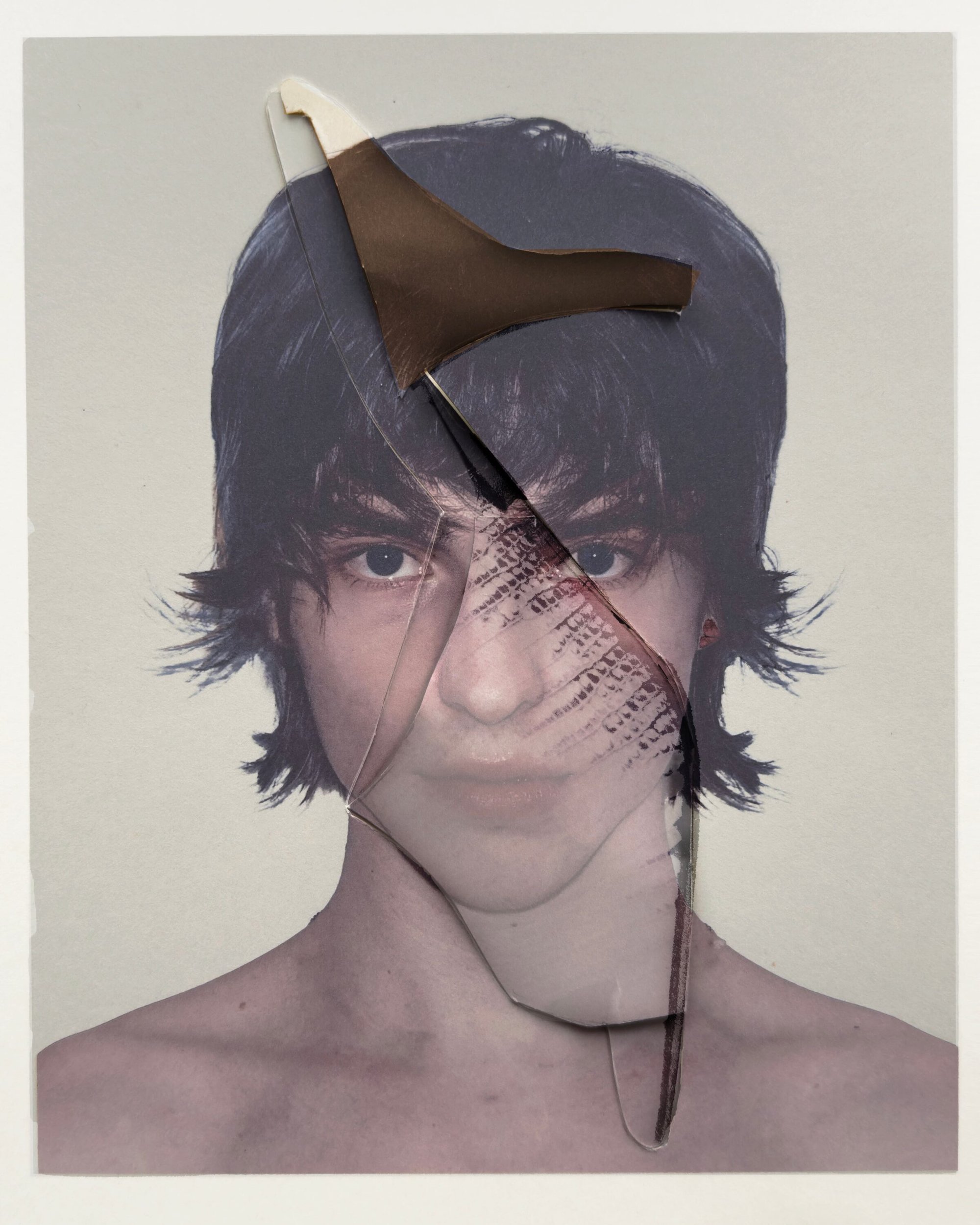 Mixed-media portrait collage featuring a person with dark hair overlaid with cut paper fragments showing typography and brown tones