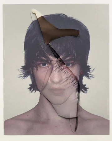 Mixed-media portrait collage featuring a person with dark hair overlaid with cut paper fragments showing typography and brown tones