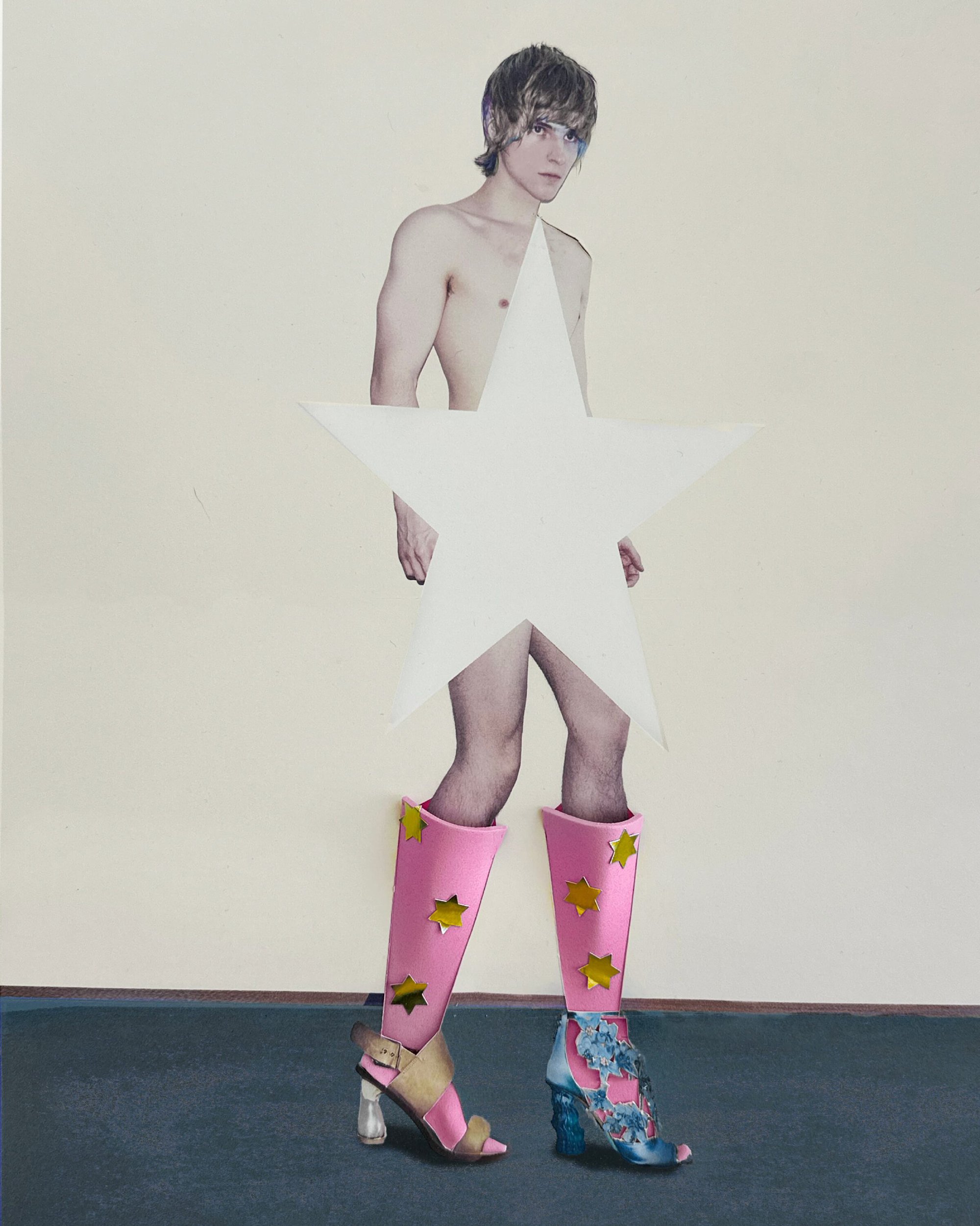 Collage artwork featuring a man partially obscured by a large white star prop wearing pink boots and patterned sandals