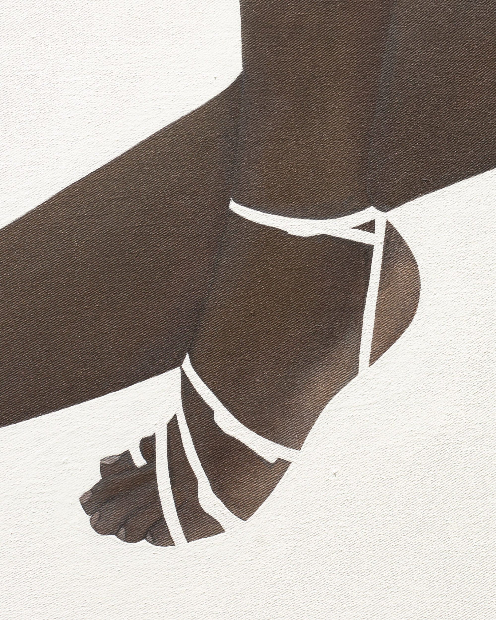 Close-up of a person's foot wearing white strappy sandals against a textured canvas background for Paul Andrew Spring 2025 campaign.
