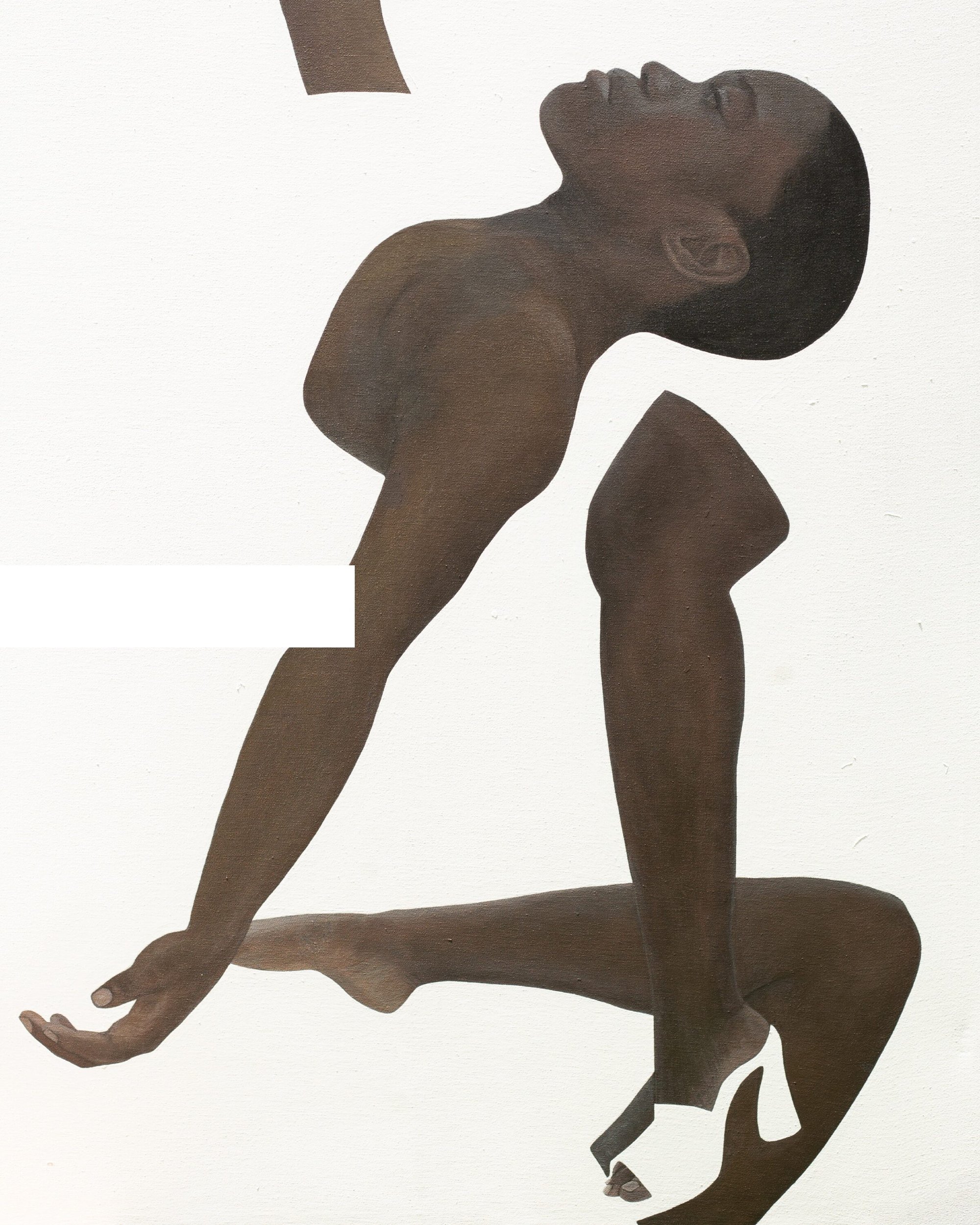 Fragmented figurative painting depicting a Black woman in white mules against a white background for Paul Andrew.