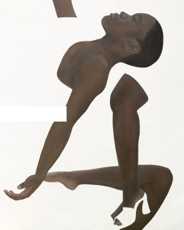 Fragmented figurative painting depicting a Black woman in white mules against a white background for Paul Andrew.