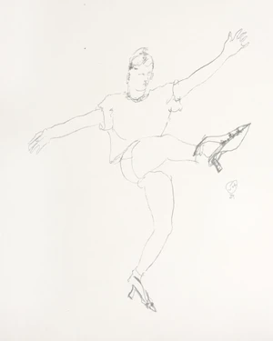 Pencil sketch of a person balancing on one leg wearing heeled shoes against a plain white background