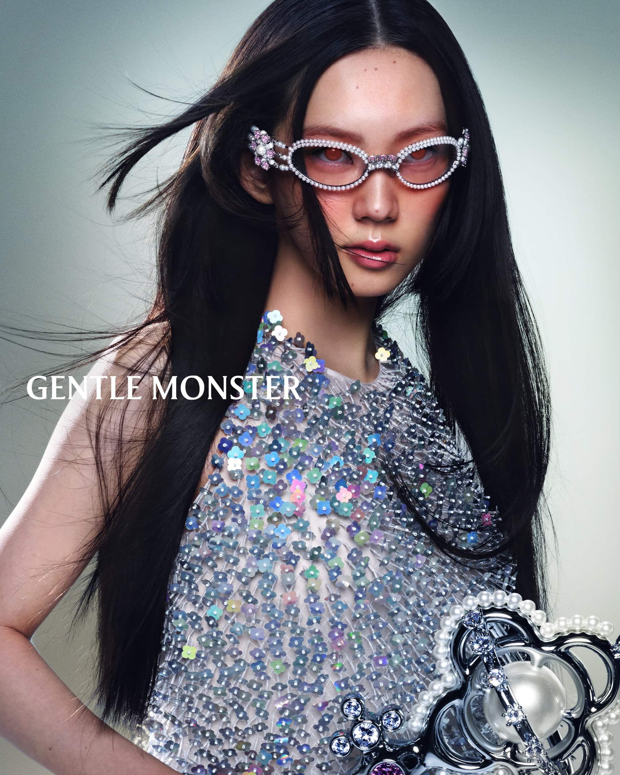 Model Sena Nakajima wearing embellished crystal sunglasses and a sequined halter top for Gentle Monster Spring 2025 campaign