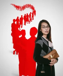 Woman in patterned sweater holding a brown clutch against a white seamless background with a winding red silhouette crowd