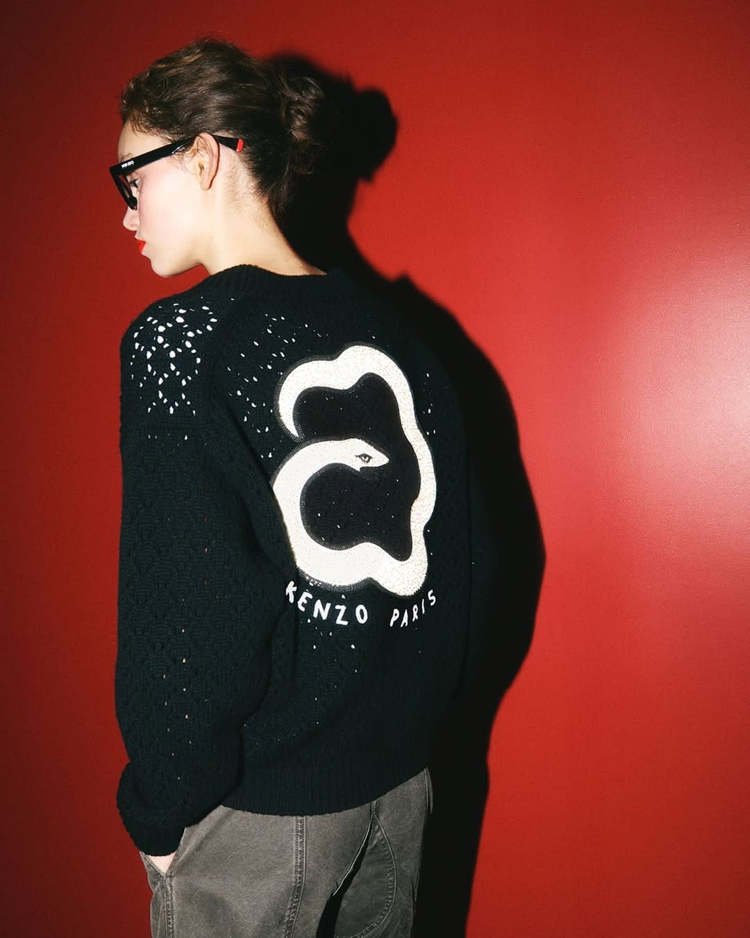 Model wearing a black knit sweater with a white snake graphic against a plain red wall.