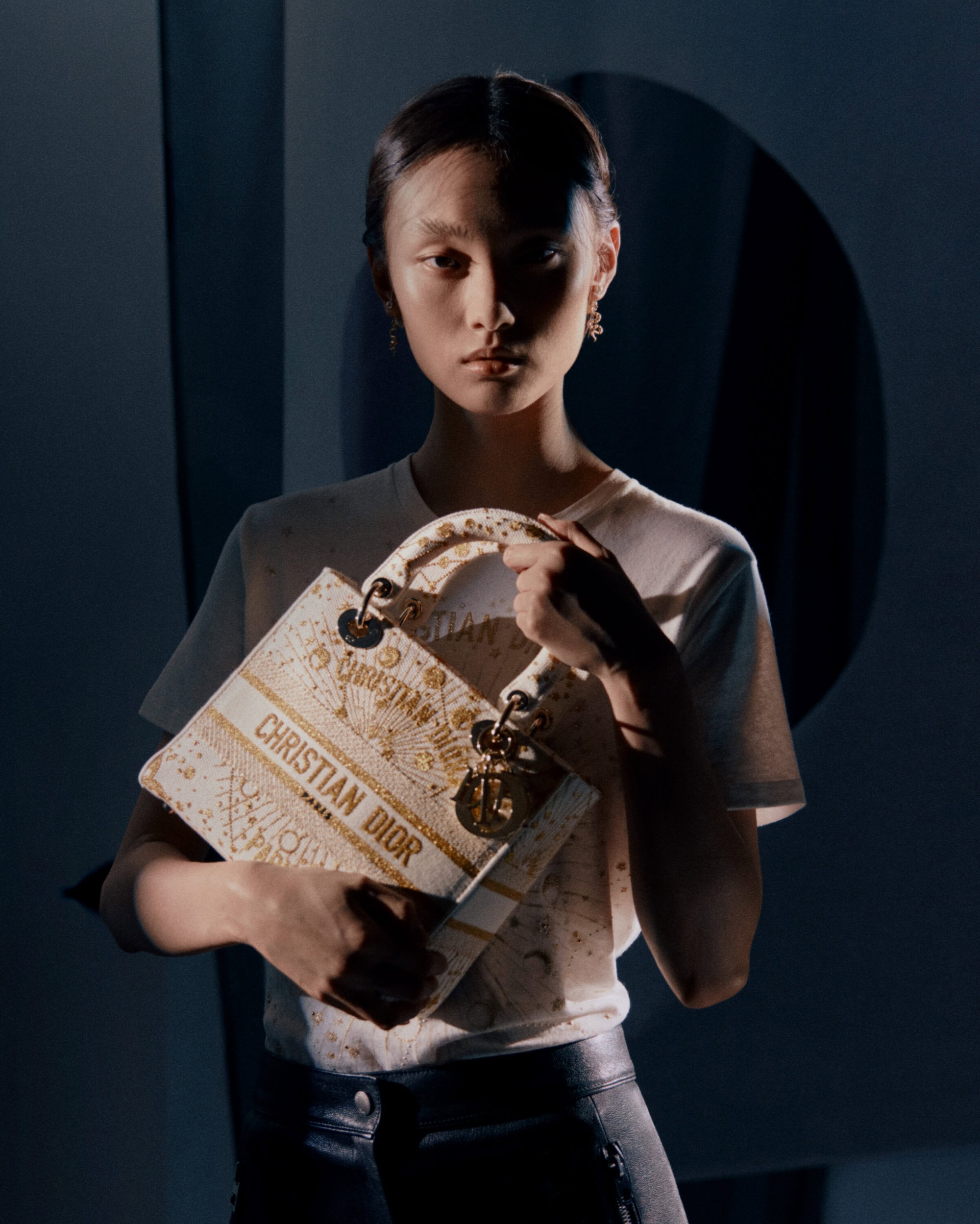 Model holding a patterned Dior handbag wearing a white t-shirt against a dark background