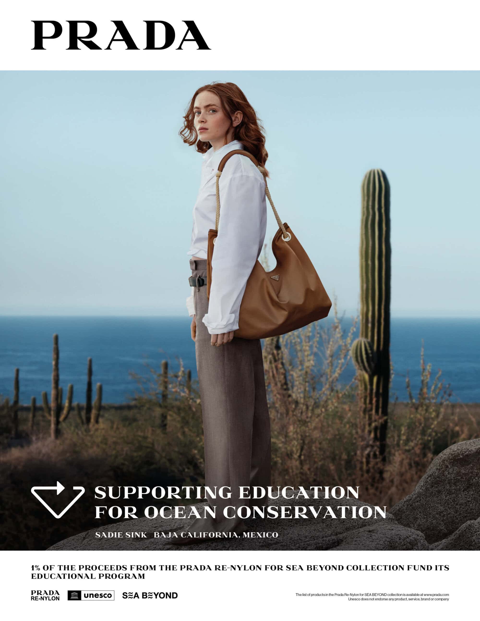 Sadie Sink wearing a white shirt and brown trousers with a brown shoulder bag standing near cactuses before an ocean view.