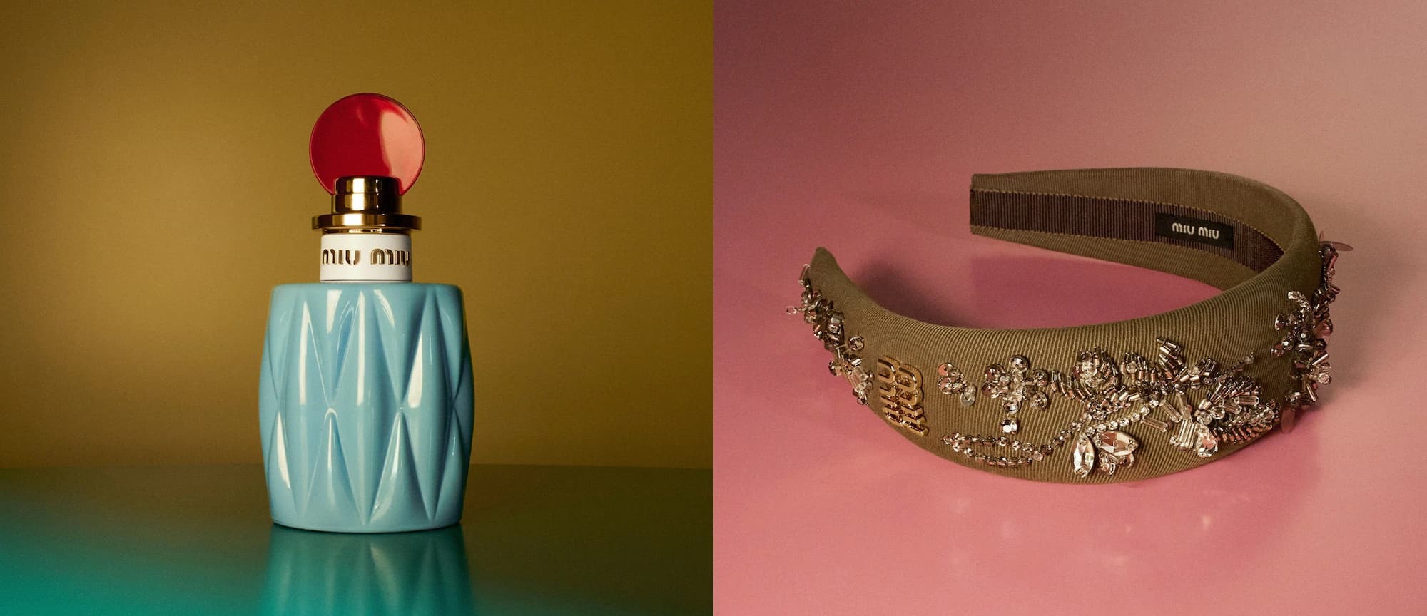 Split image featuring a blue perfume bottle with a red top and an olive green embellished headband on pink