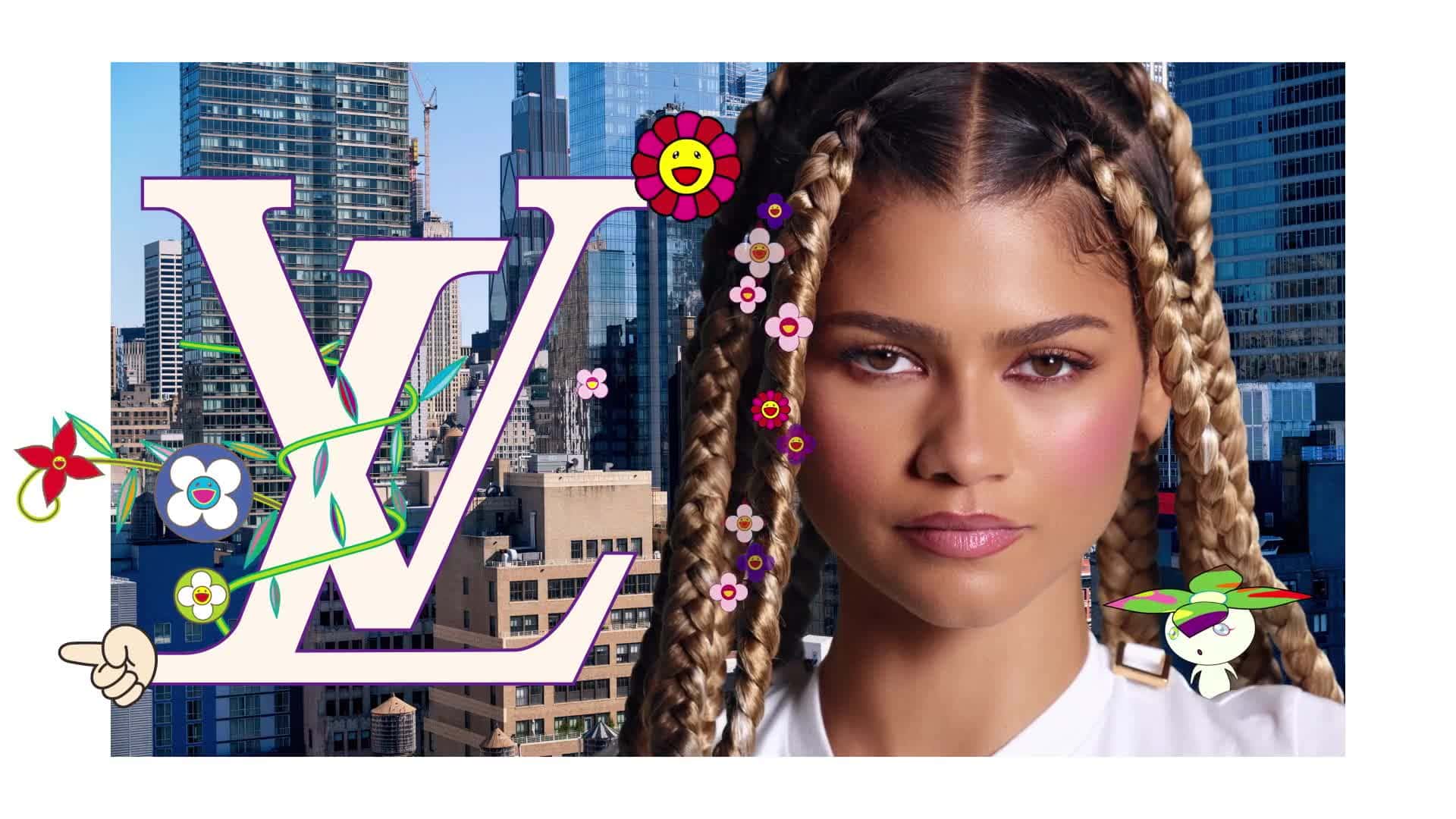 Zendaya with braided hair and colorful flower accessories against an urban skyscraper background for Louis Vuitton
