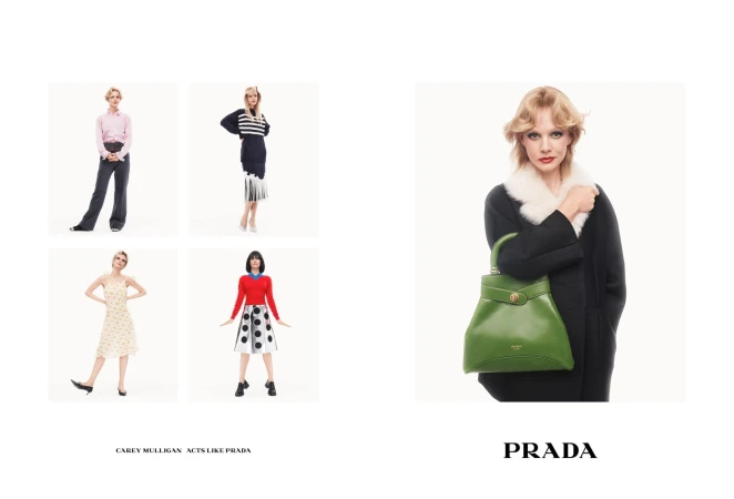 Carey Mulligan holding a green leather handbag wearing a black coat with a white fur collar against a white backdrop for Prada