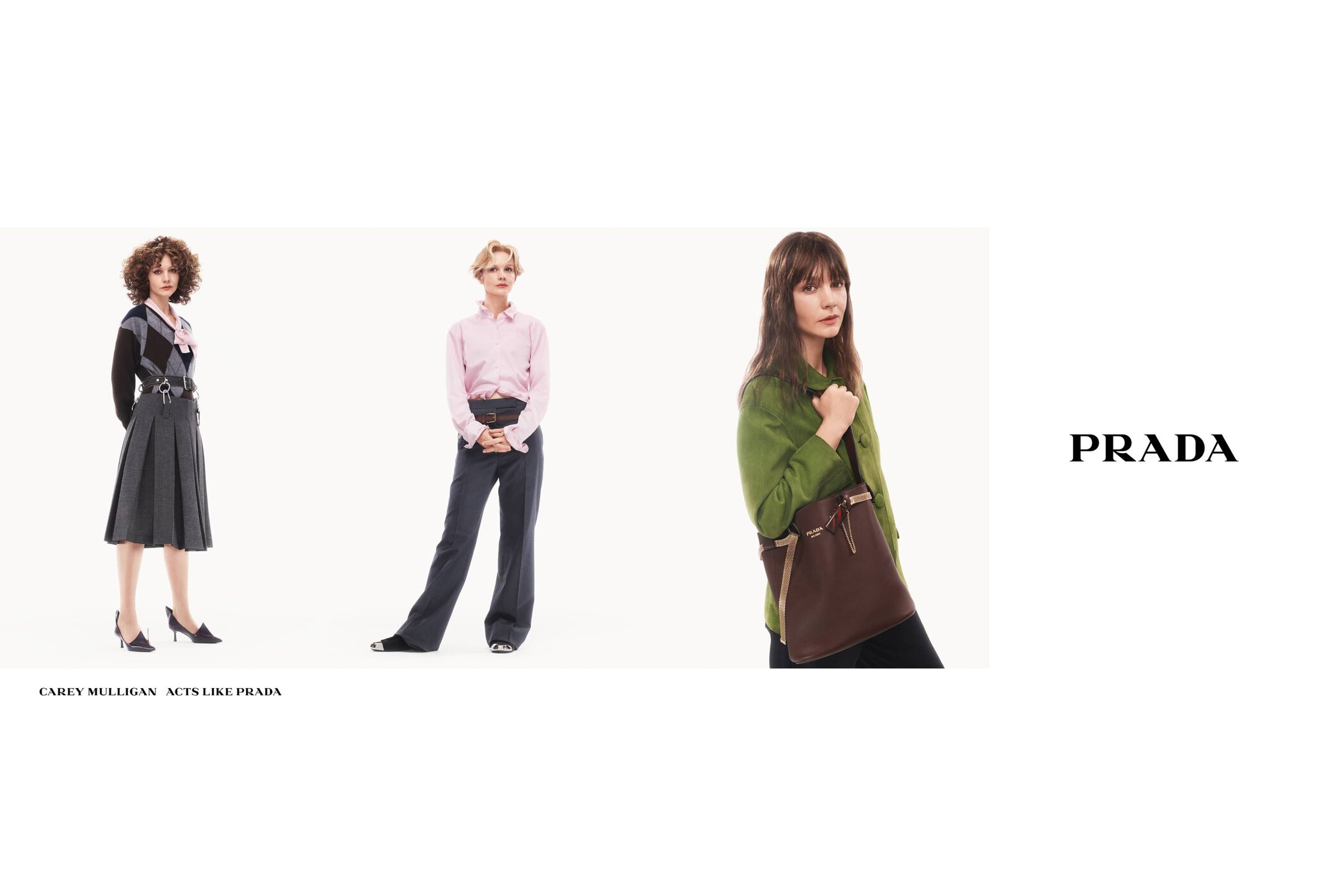 Carey Mulligan featured in Prada Spring 2025 ad campaign wearing multiple looks against a white backdrop with brand logo
