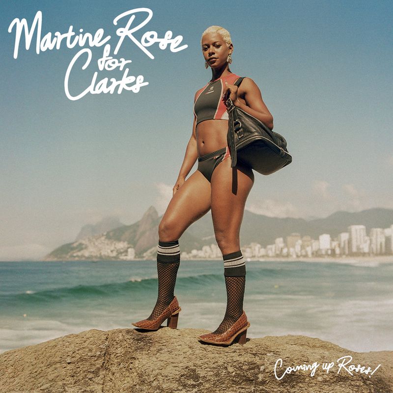 An adult woman wearing a bikini, sheer socks, and heels stands on a rock with a tote bag. In the background are mountains and ocean.