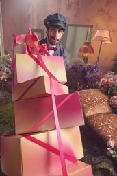 Man wearing a cap and suit standing behind a tall stack of gradient gift boxes tied with bright pink ribbons.