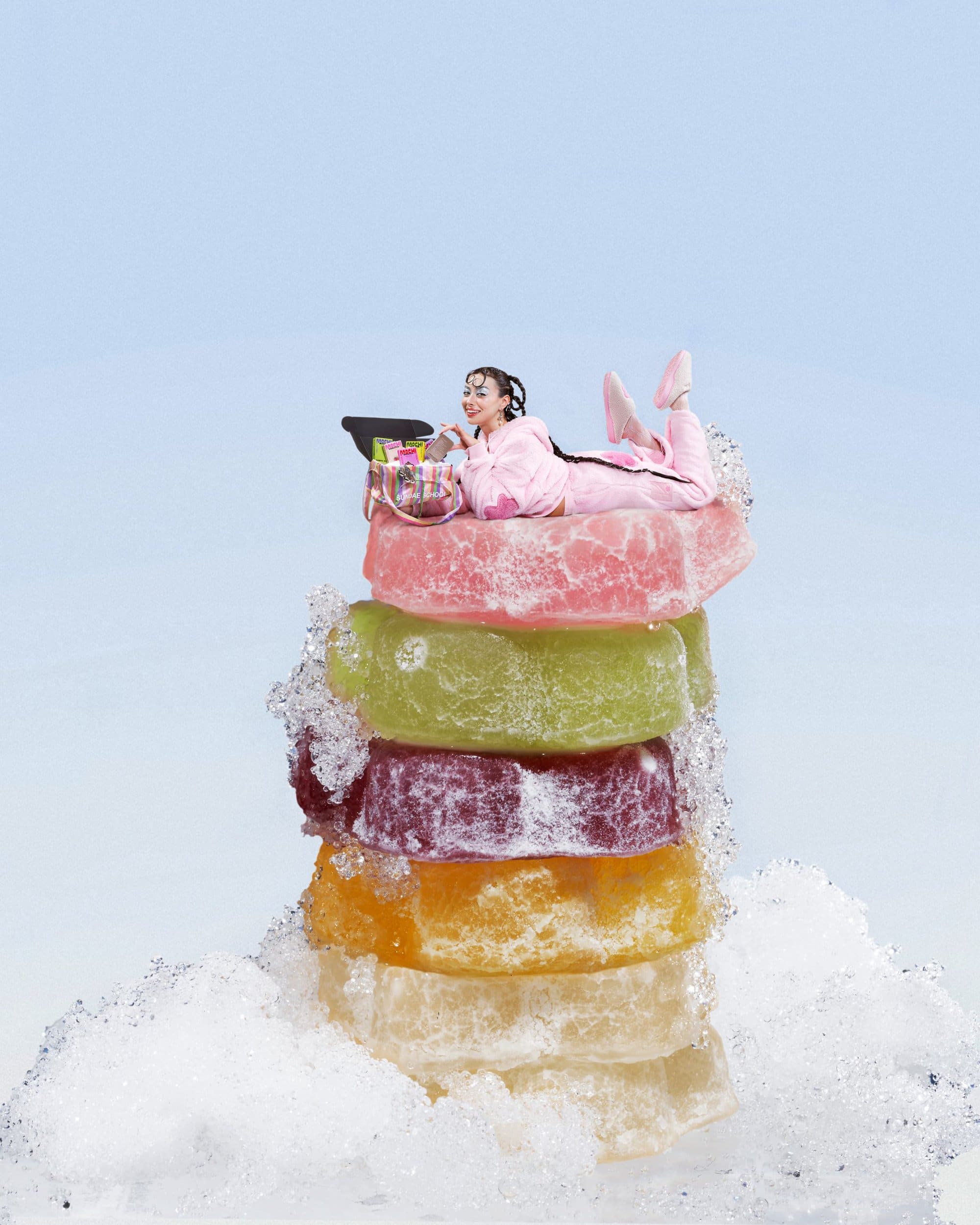 Model wearing a pink tracksuit lying atop a giant stack of colourful gummy blocks surrounded by ice against a pale blue sky