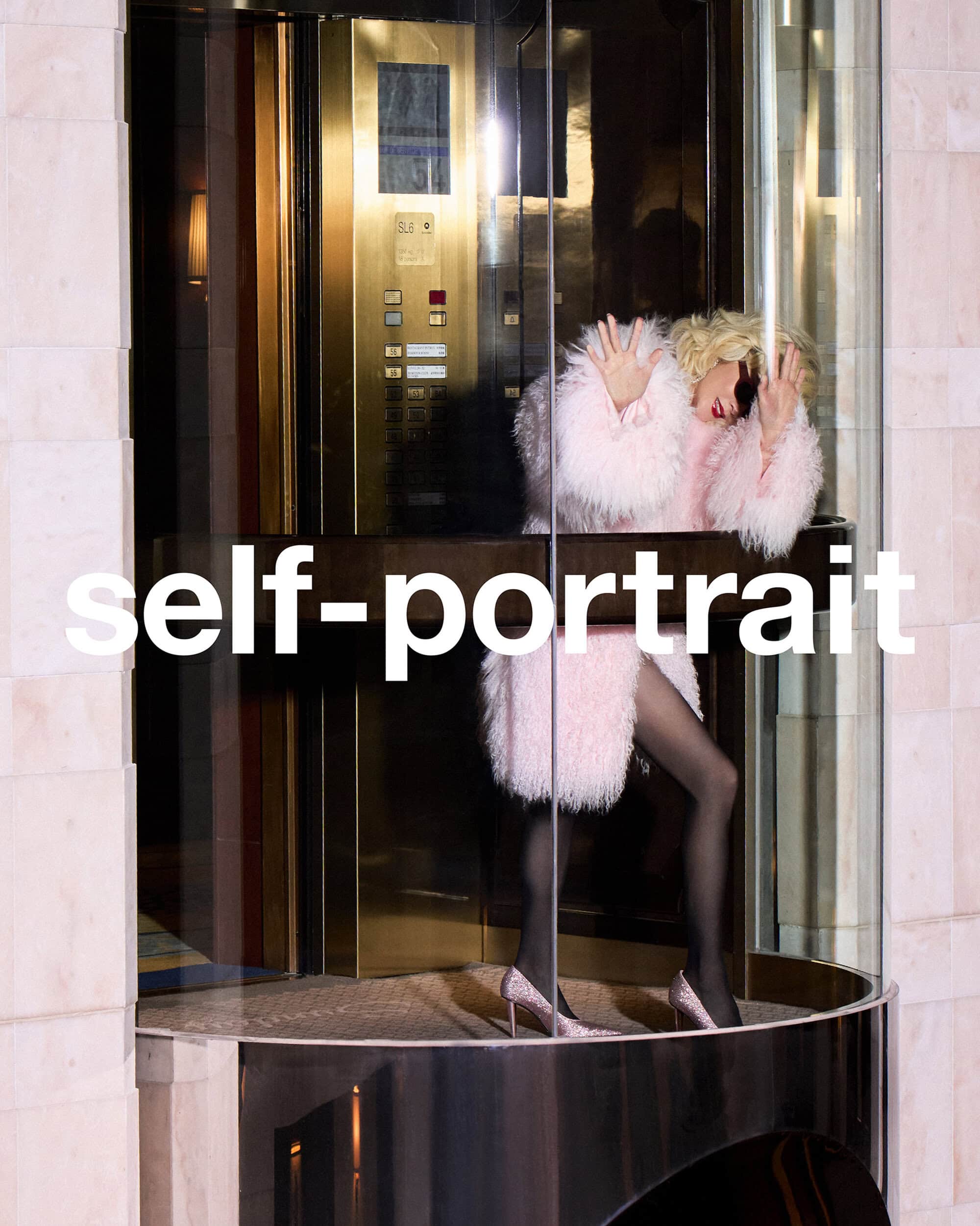 Woman in pink fluffy coat and high heels stepping inside a modern glass elevator