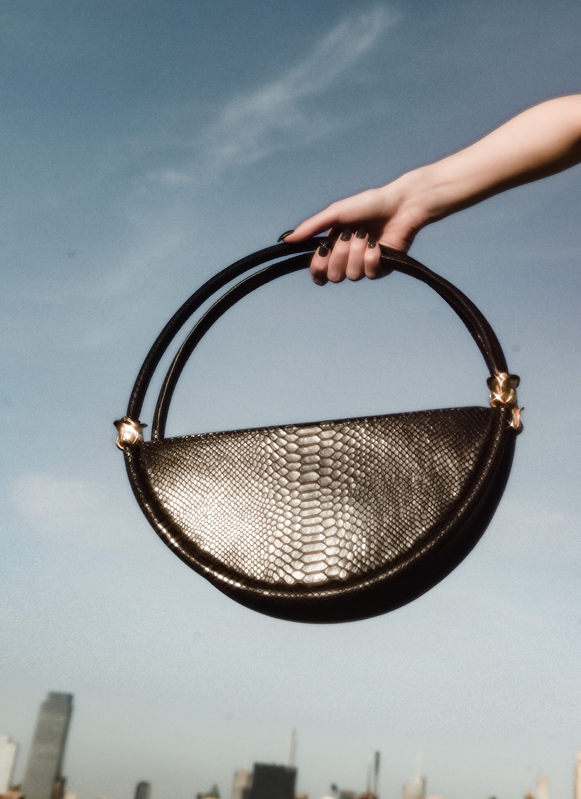 Hand holding a dark snakeskin semi-circular handbag against a clear blue sky with a distant city skyline below.