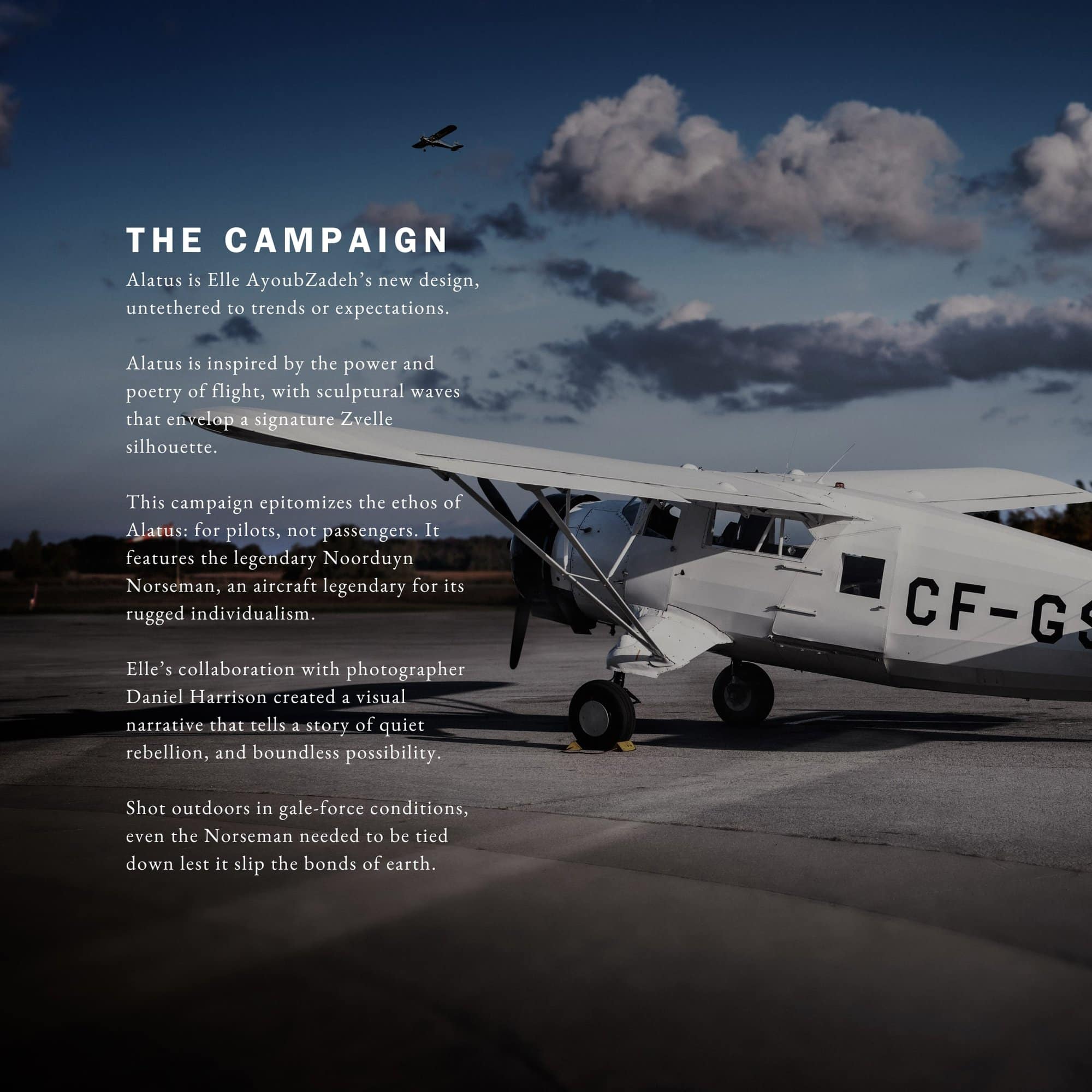 White vintage airplane parked on an airfield under an overcast sky with text overlay describing the Zvelle Alatus campaign.