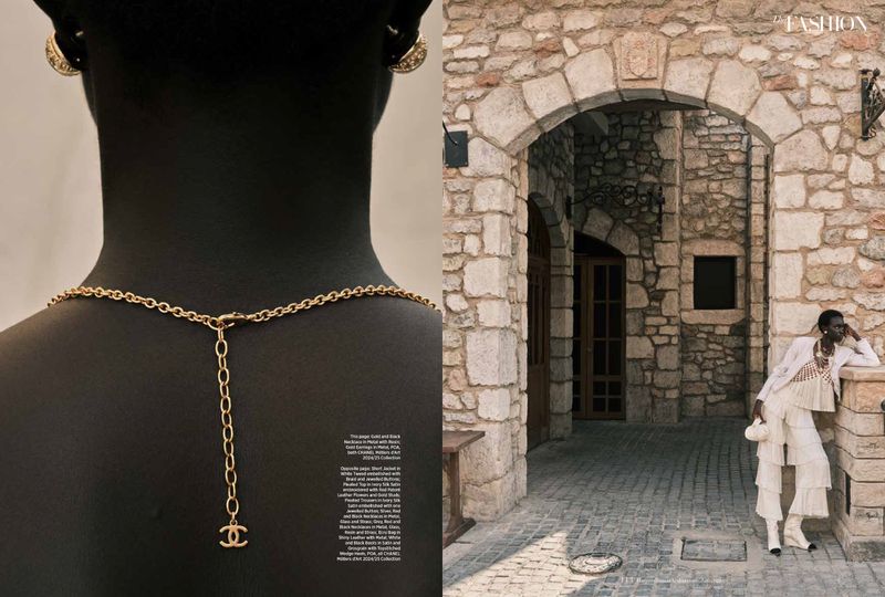 Fashion editorial split image showcases a model wearing a gold necklace, earrings, and neutral-toned, layered clothing, standing in an arched stone doorway.
