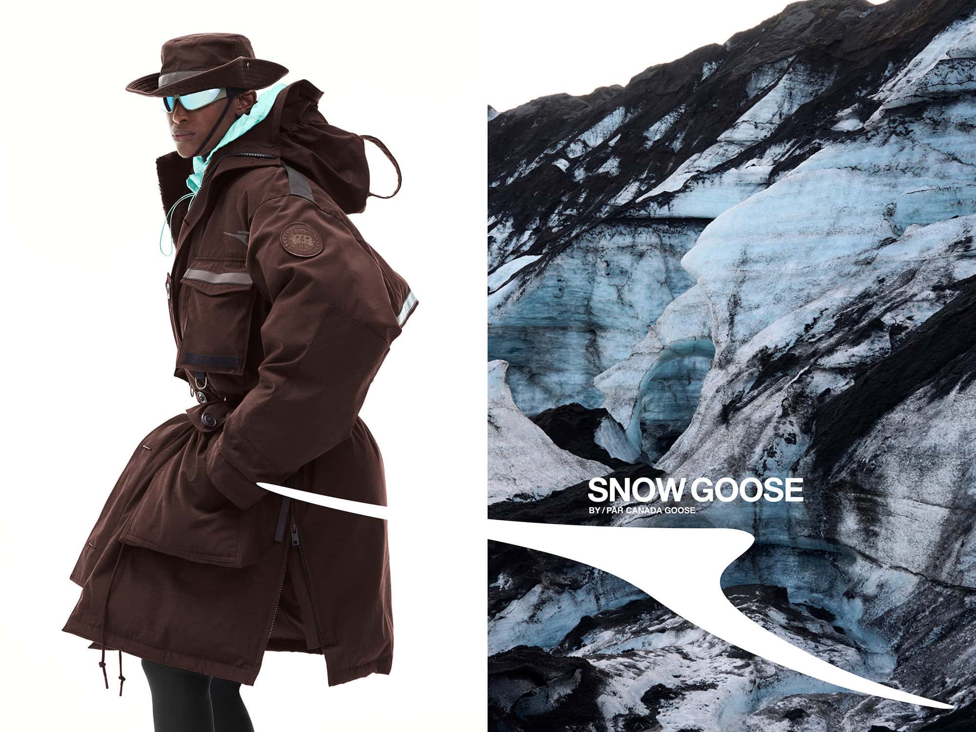 Model wearing a brown parka jacket and matching hat against a split-screen backdrop of a glacier