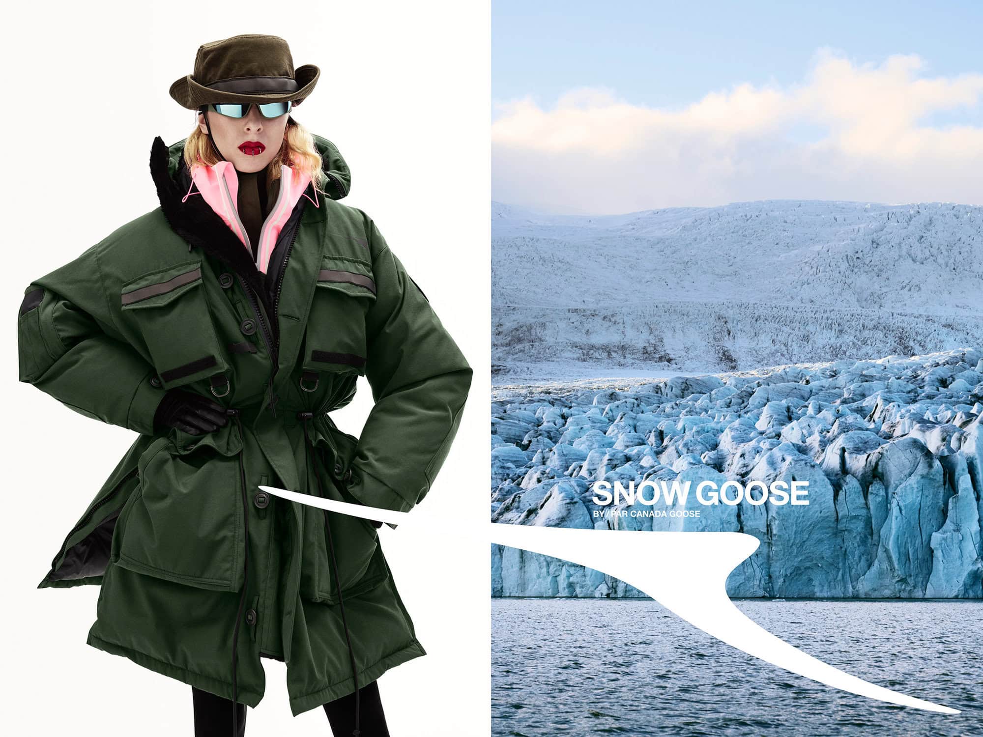 Model wearing a green parka, hat, and sunglasses against a snowy mountain landscape