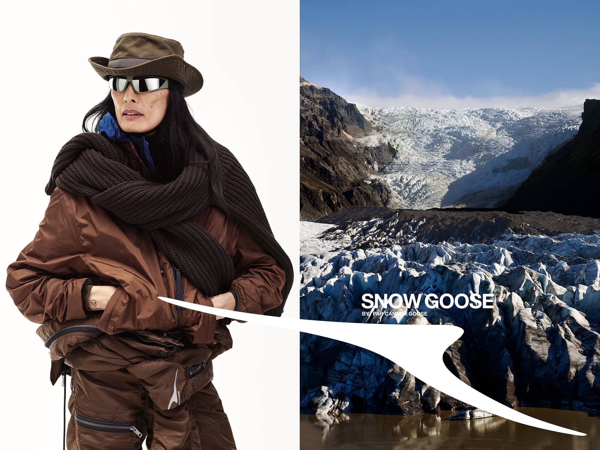 Model in brown jacket and hat with dark sunglasses against white background next to a glacial landscape photograph