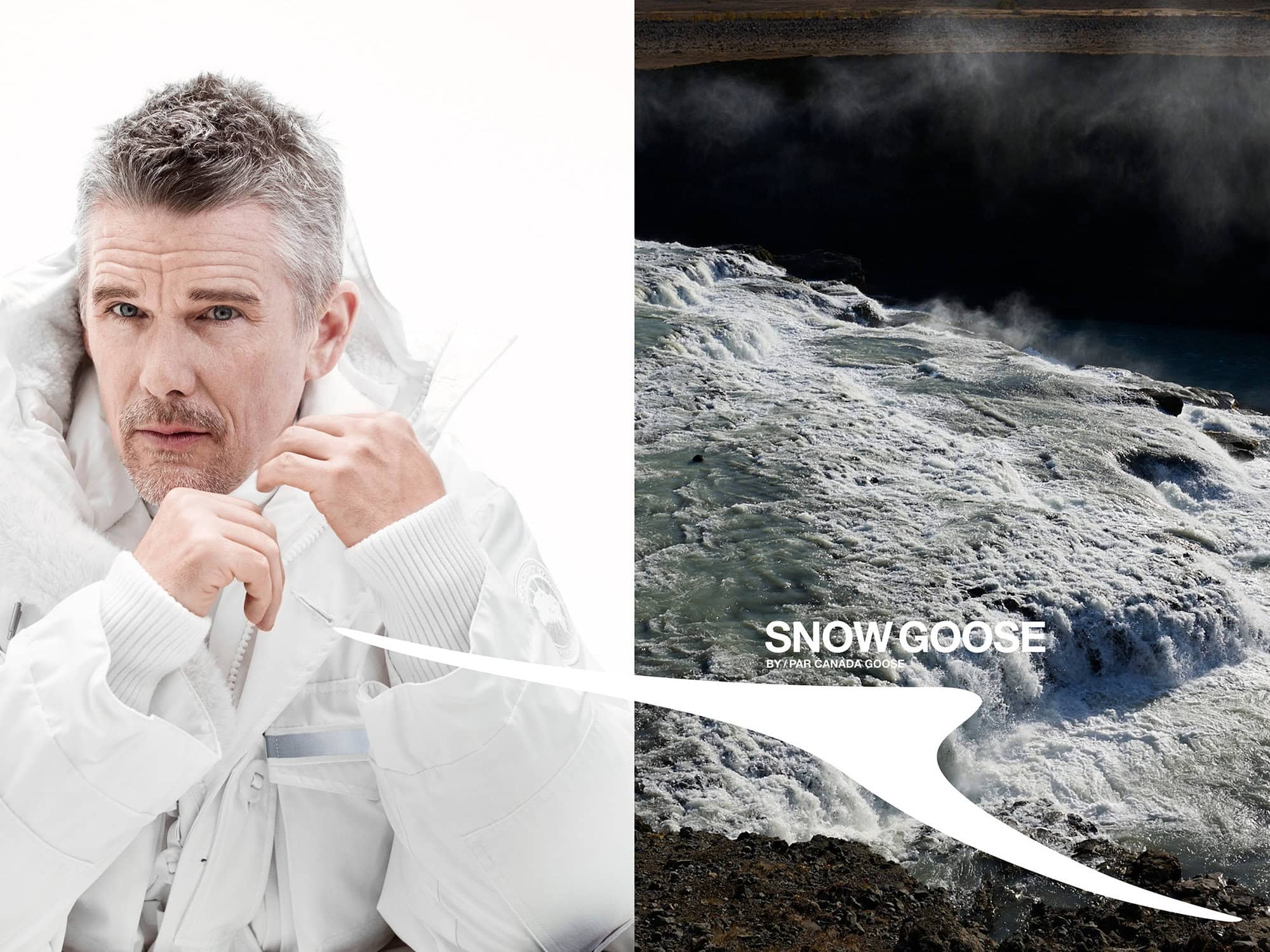 Ethan Hawke wearing a white hooded winter jacket in a portrait for Canada Goose Fall 2024 ad campaign