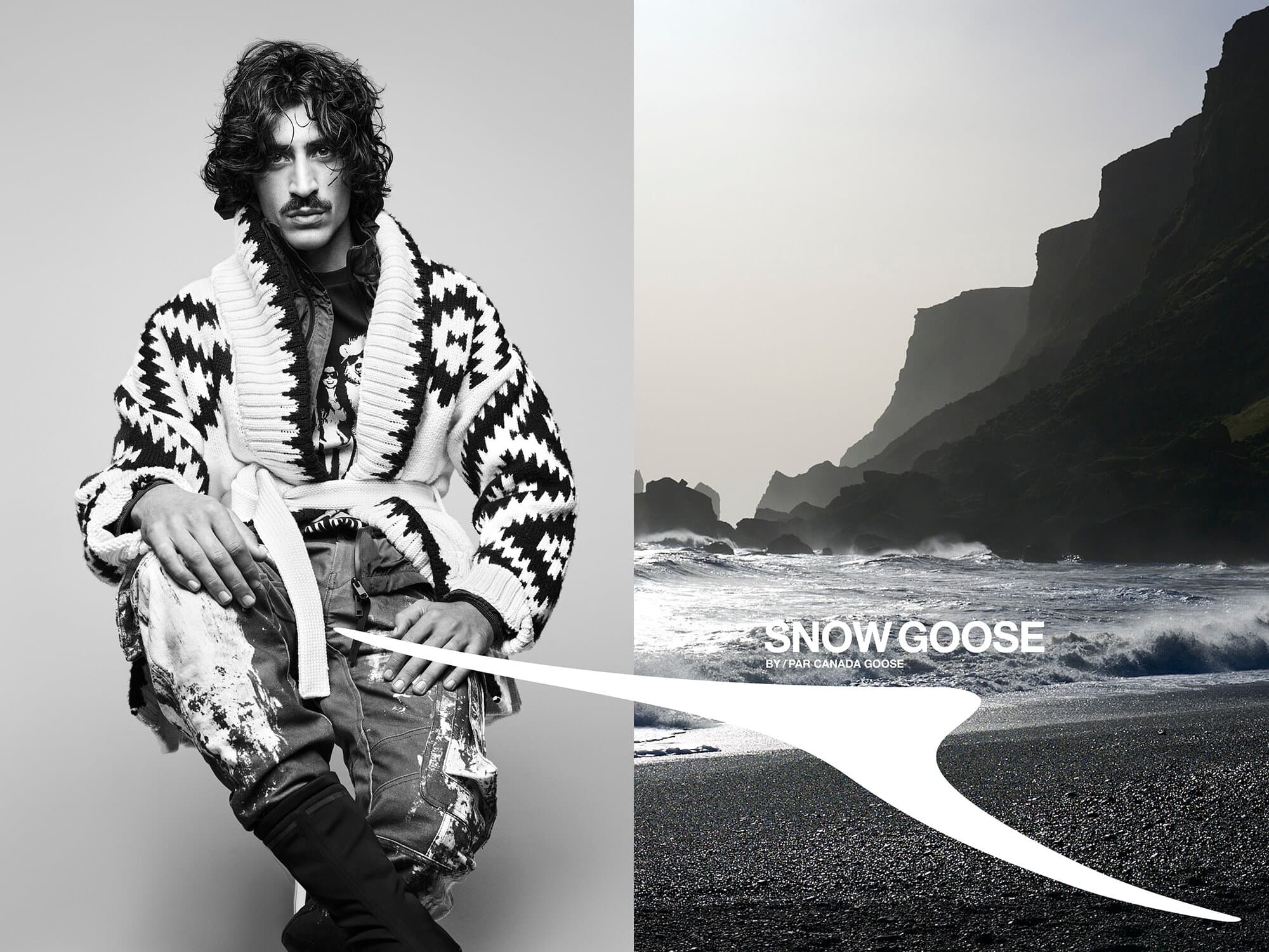 Monochrome diptych showing a seated model in a patterned cardigan beside a dramatic rocky ocean shore landscape.