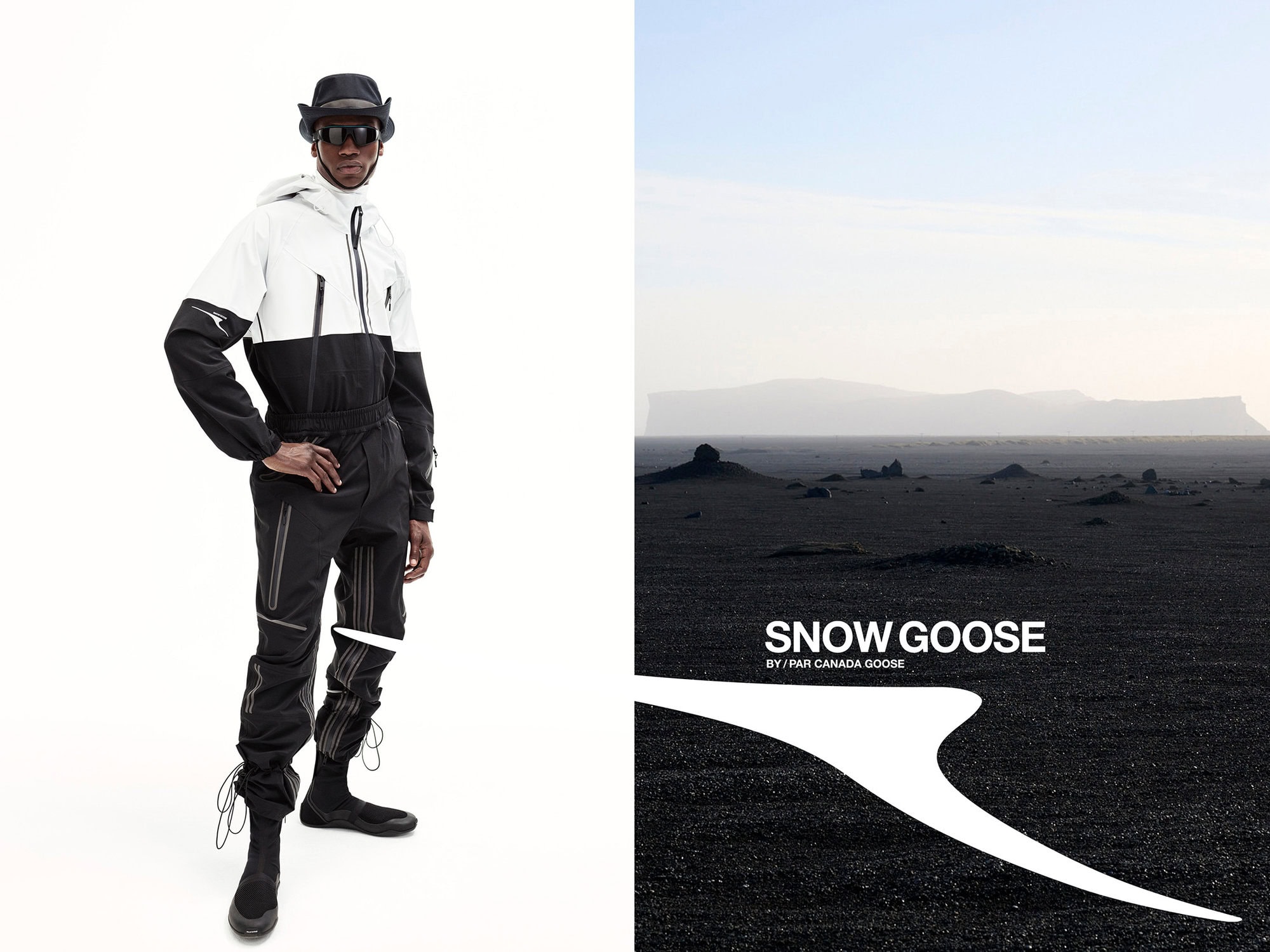 A model wearing a black and white hooded jacket and trousers with a bucket hat and sunglasses against a split background.