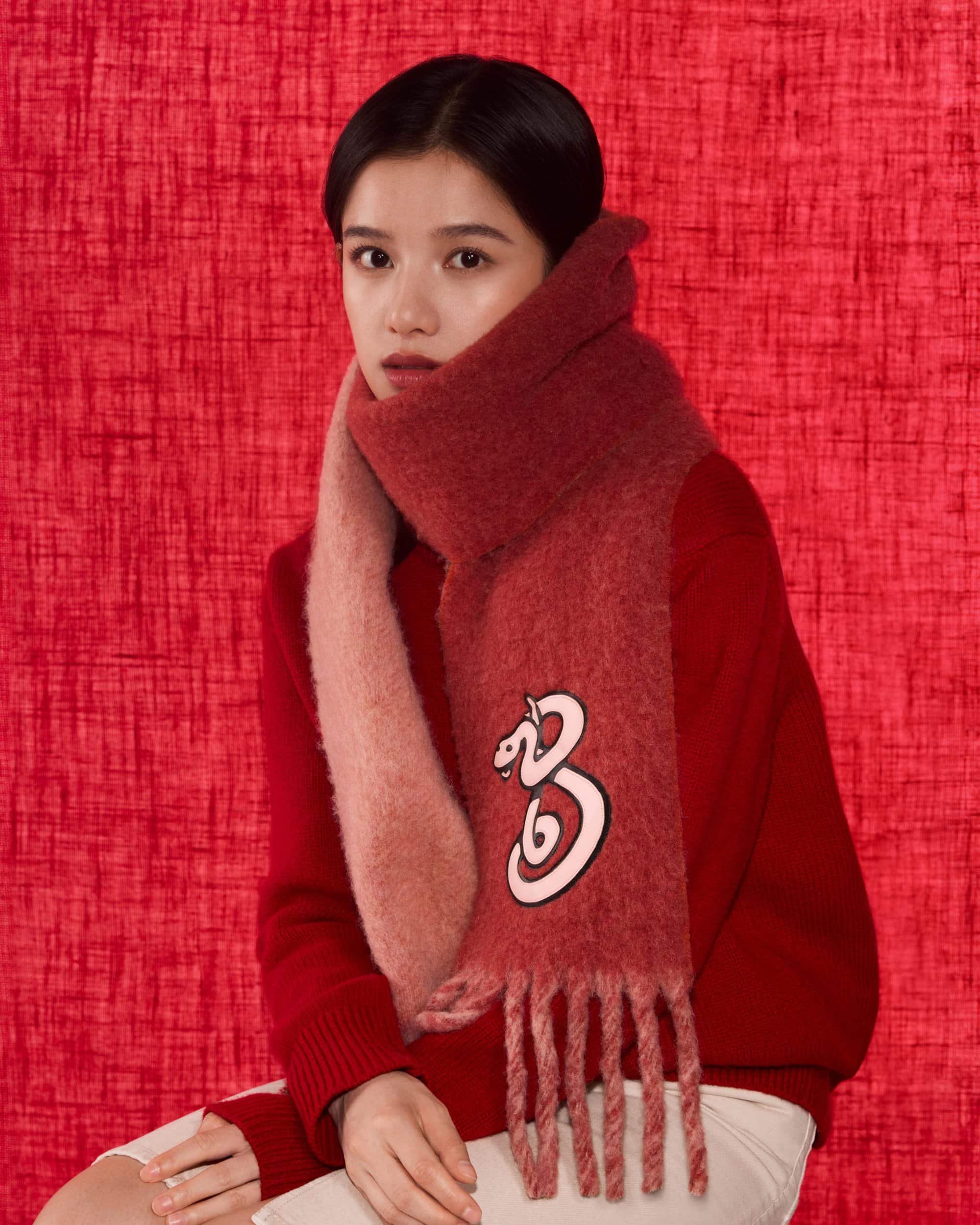 Model wearing red sweater and embroidered scarf against textured red background for Burberry campaign