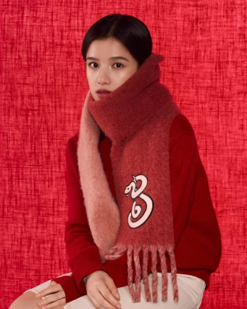 Model wearing red sweater and embroidered scarf against textured red background for Burberry campaign