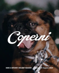 Close-up of a small brown dog panting with a silver ribbon tied around its neck, part of the Coperni Holiday 2024 campaign