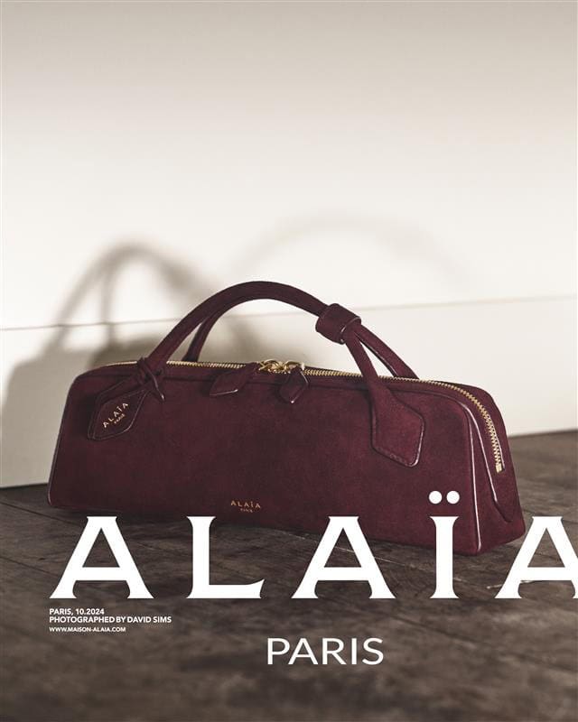 Burgundy suede handbag resting on a dark wooden surface against a pale wall with soft lighting for an Alaïa ad campaign.