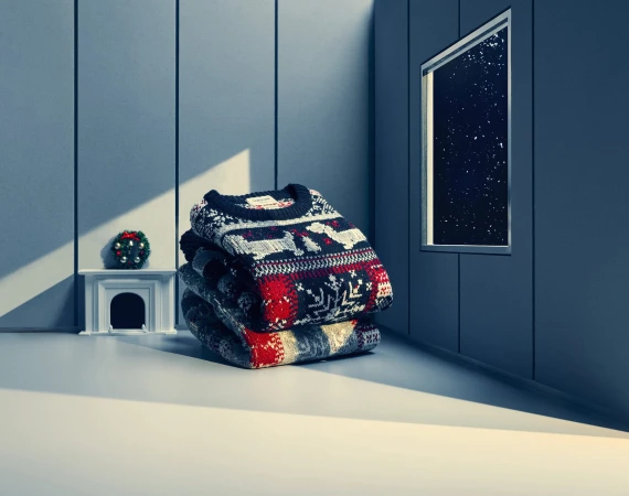 A stacked pile of patterned holiday sweaters resting on a smooth surface inside a minimalist room with a miniature fireplace.