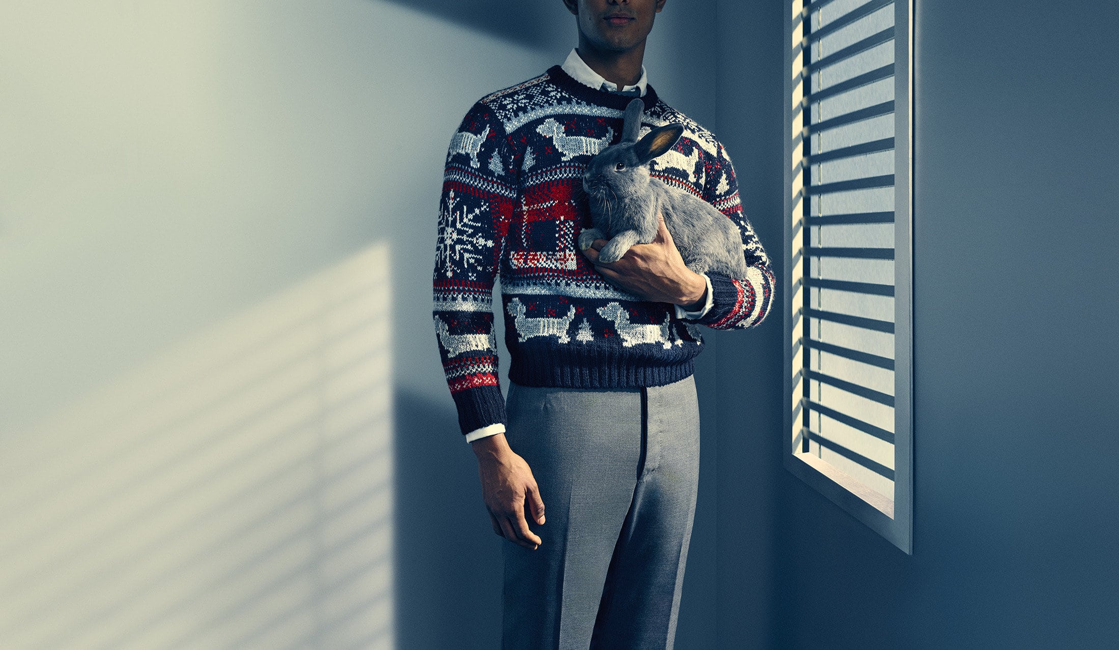 Man wearing a festive patterned knit sweater holding a grey rabbit against a grey wall with window slats casting shadows