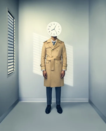 Man wearing a camel trench coat and clock for a head standing inside a grey room with window blinds casting shadows