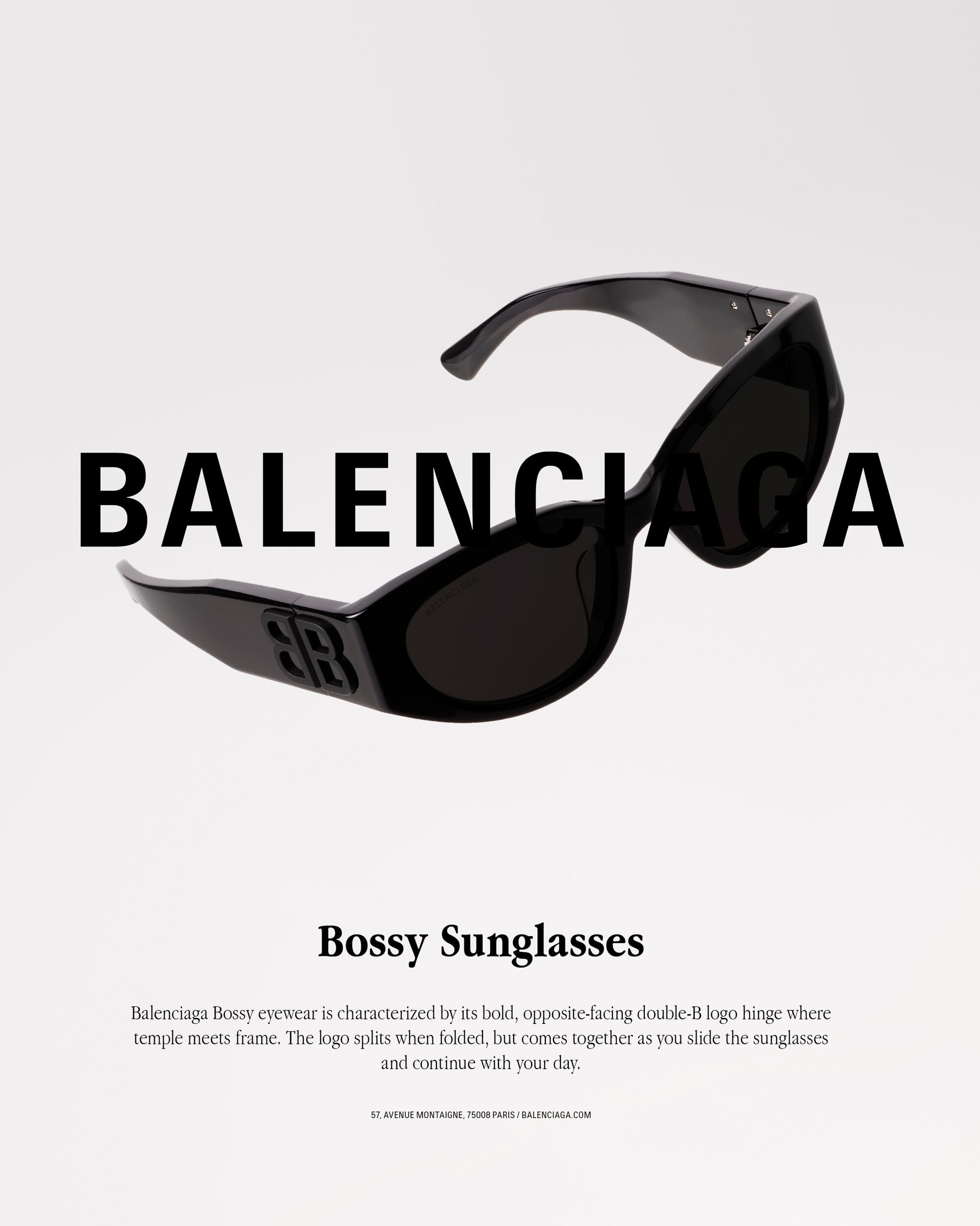 Balenciaga black sunglasses displayed against a solid white background with large bold typography