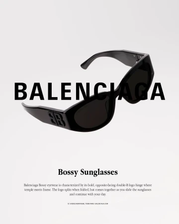 Balenciaga black sunglasses displayed against a solid white background with large bold typography