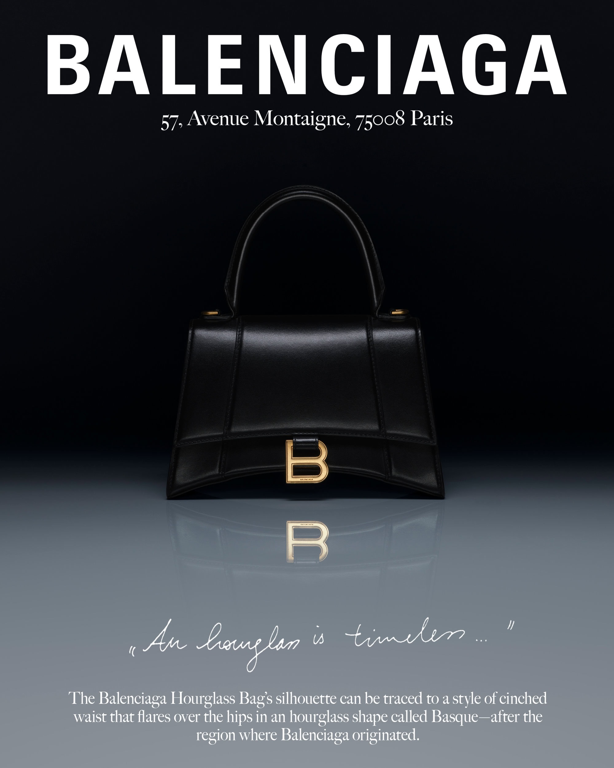 Balenciaga black leather Hourglass handbag on reflective grey gradient surface under studio lighting with brand text above and below.